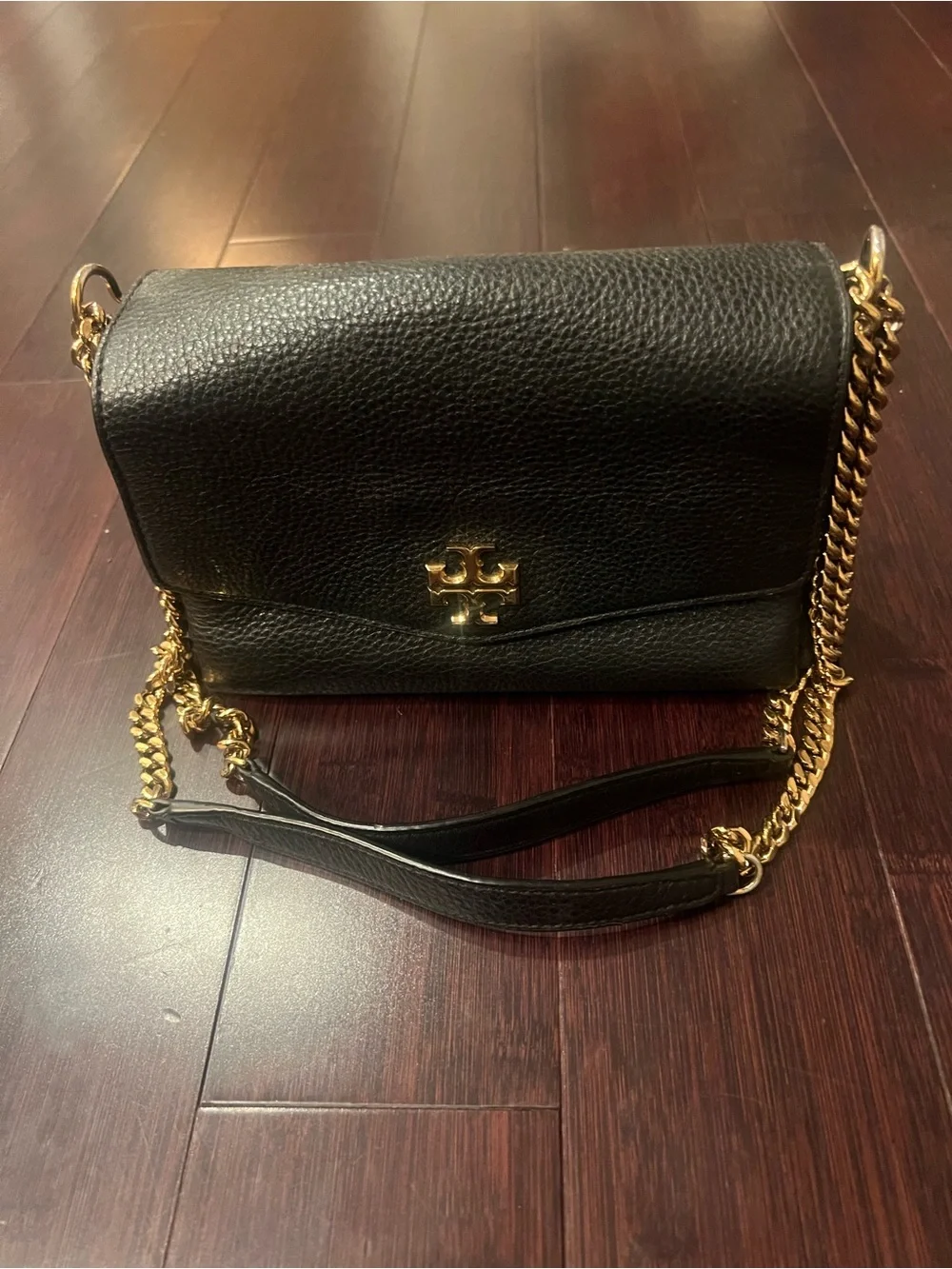 Tory Burch Black Pebbled Leather Chain-Handle Shoulder Bag with Gold Hardware